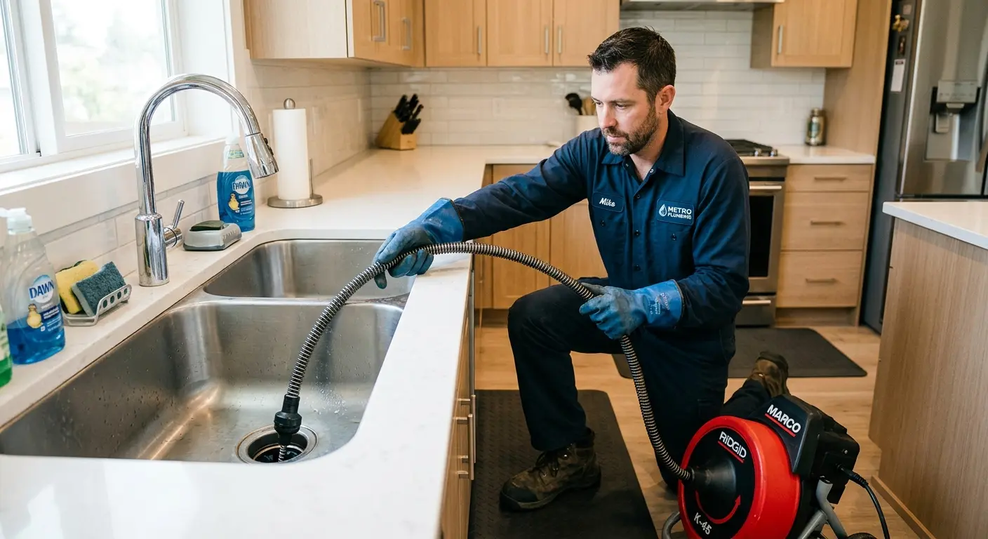Drain cleaning technician using a motorized snake on a kitchen sink in Western Springs