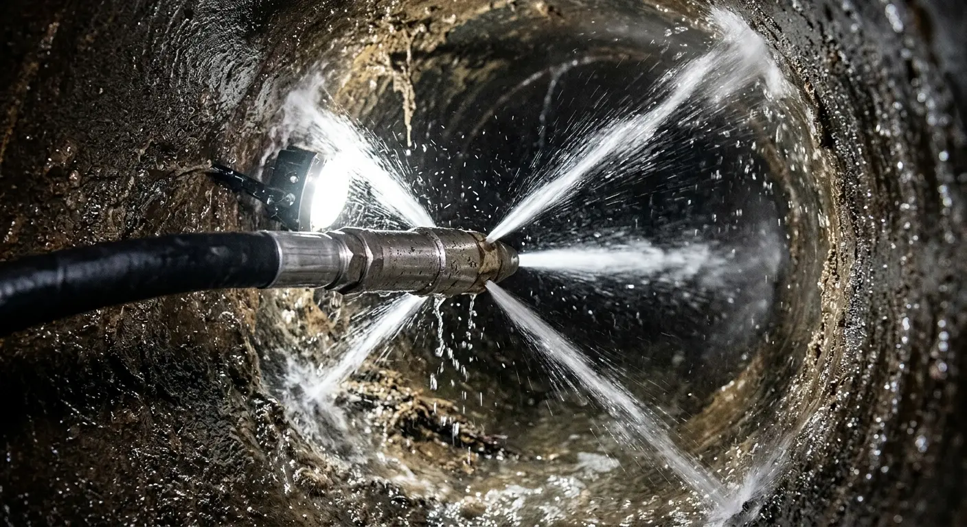High-pressure hydro jetting nozzle cleaning sewer pipe for Emergency Drain Service in Western Springs
