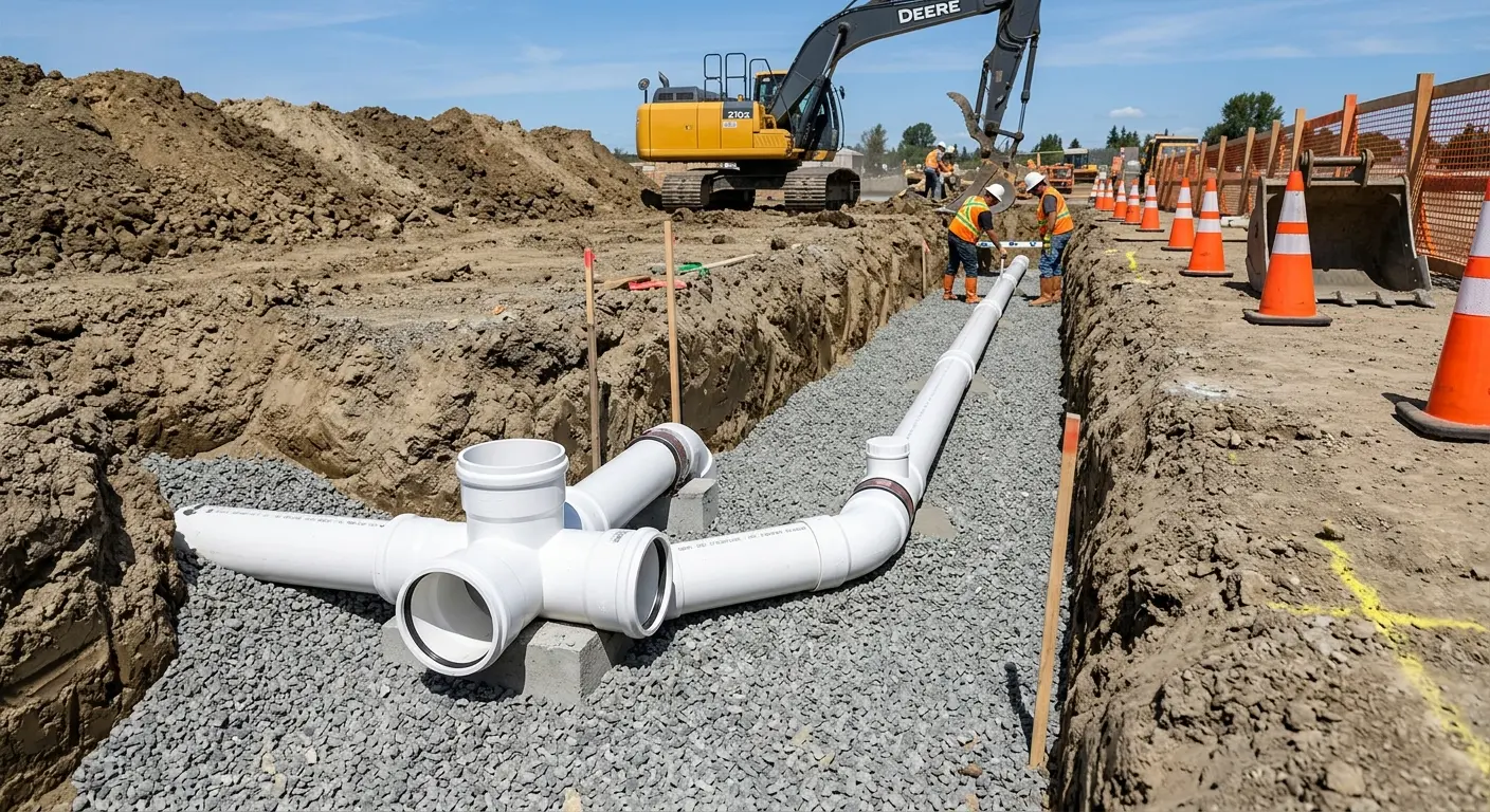 New PVC sewer pipe installation in open trench for Grease Trap Cleaning in Western Springs