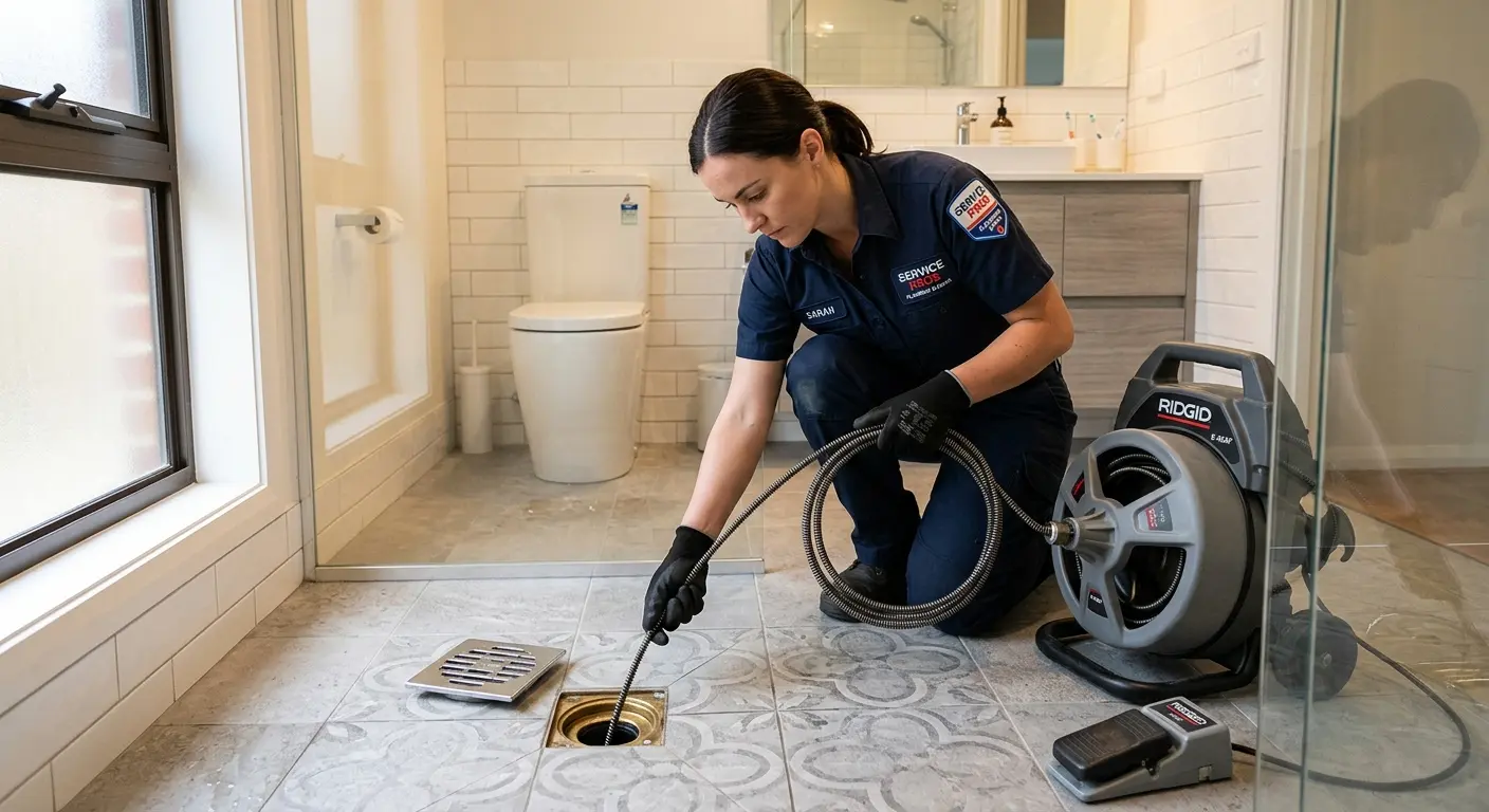 Technician clearing a bathroom floor drain for Sewer Line Installation in Western Springs